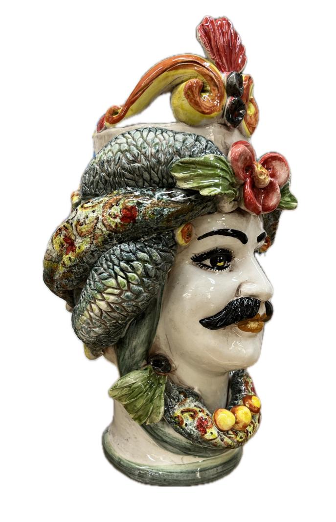 Teste di Moro floreale con corona e turbante decorate Produzione artigianale di Caltagirone H 30cm