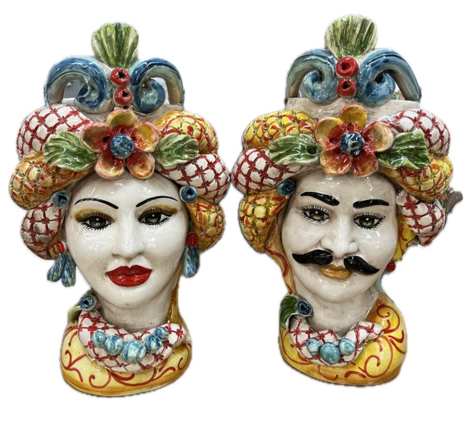 Teste di Moro con corona e turbante decoro siciliano Produzione artigianale di Caltagirone h.30cm