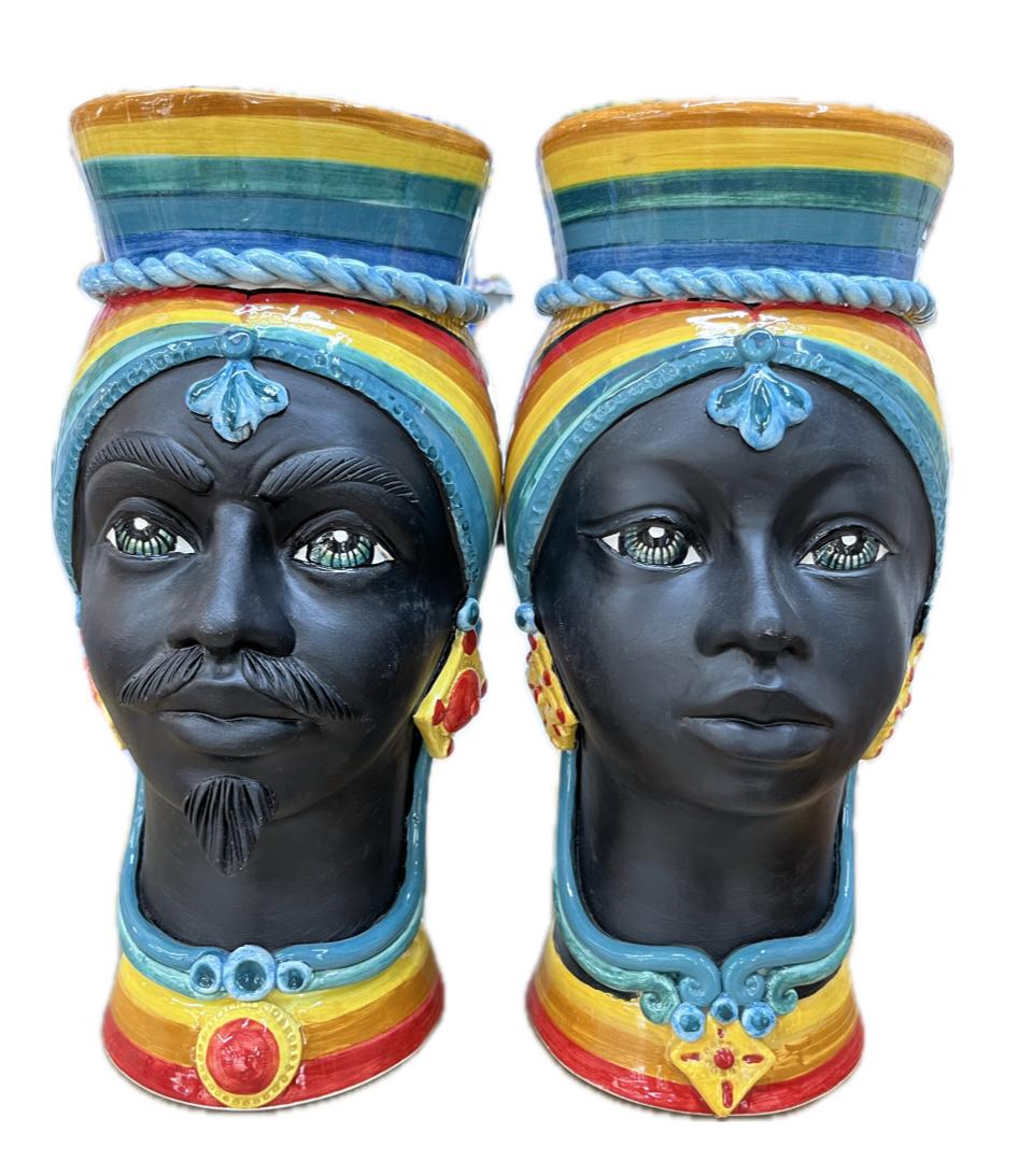 Teste di moro modello Afro decoro multicolor Produzione artigianale di Caltagirone h.40cm