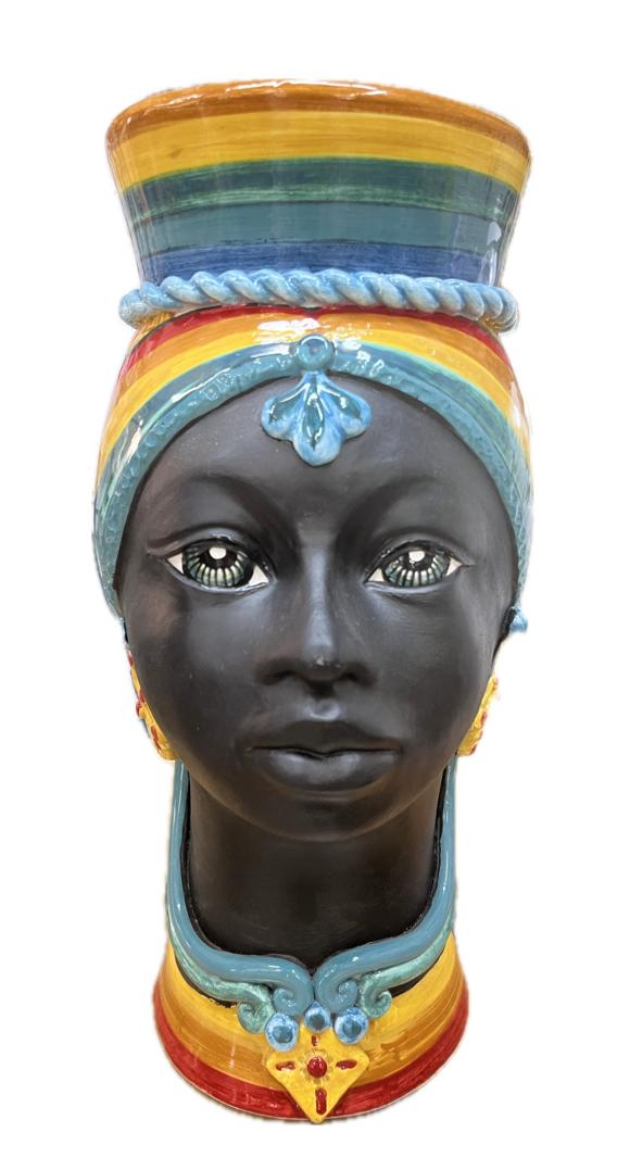 Teste di moro modello Afro decoro multicolor Produzione artigianale di Caltagirone h.40cm