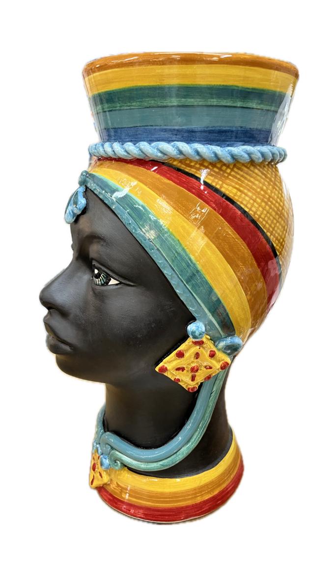 Teste di moro modello Afro decoro multicolor Produzione artigianale di Caltagirone h.40cm