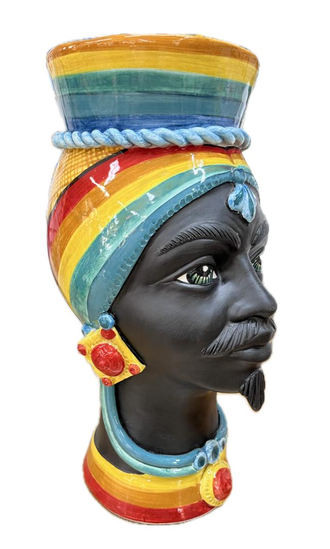 Teste di moro modello Afro decoro multicolor Produzione artigianale di Caltagirone h.40cm