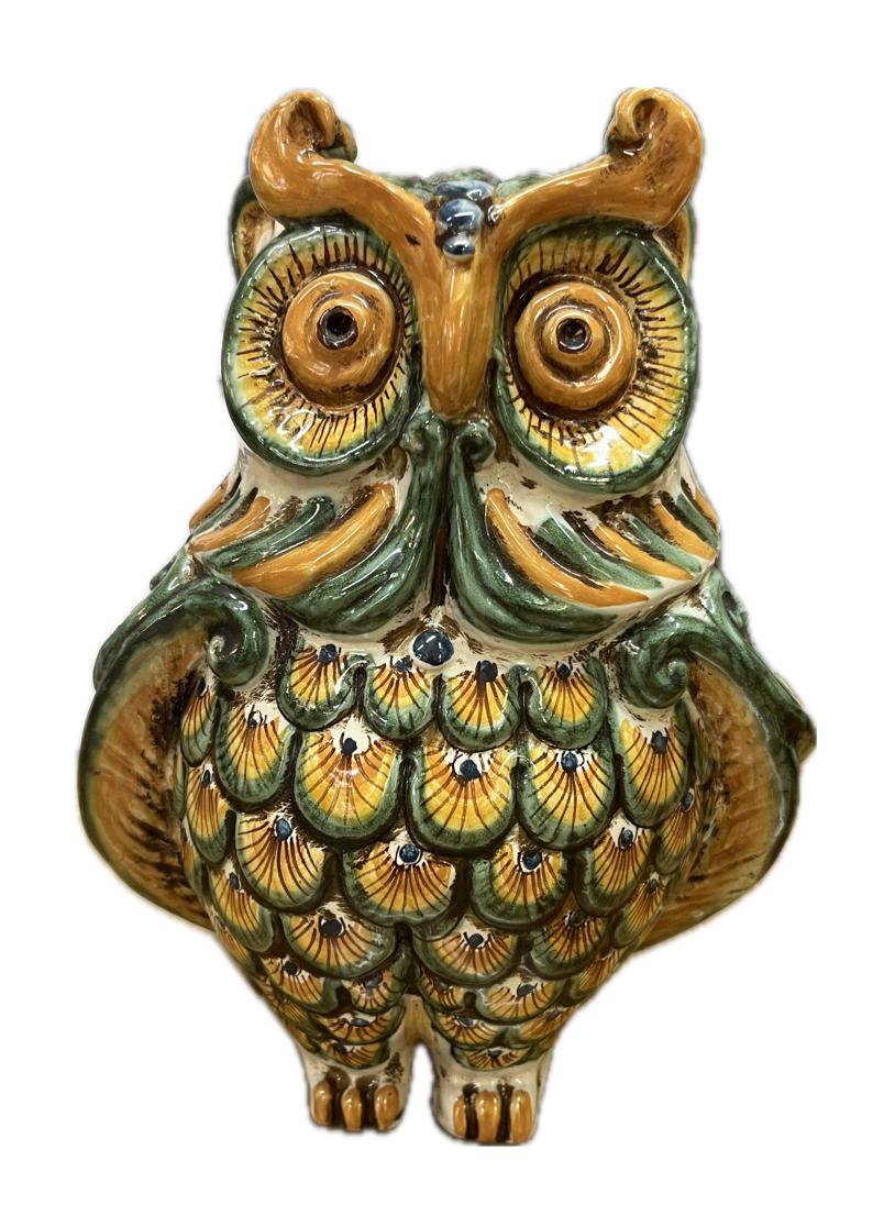 Civetta decorata in ceramica verde e arancione Produzione artigianale di Caltagirone h.20cm