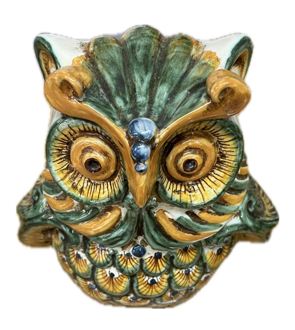 Civetta decorata in ceramica verde e arancione Produzione artigianale di Caltagirone h.20cm