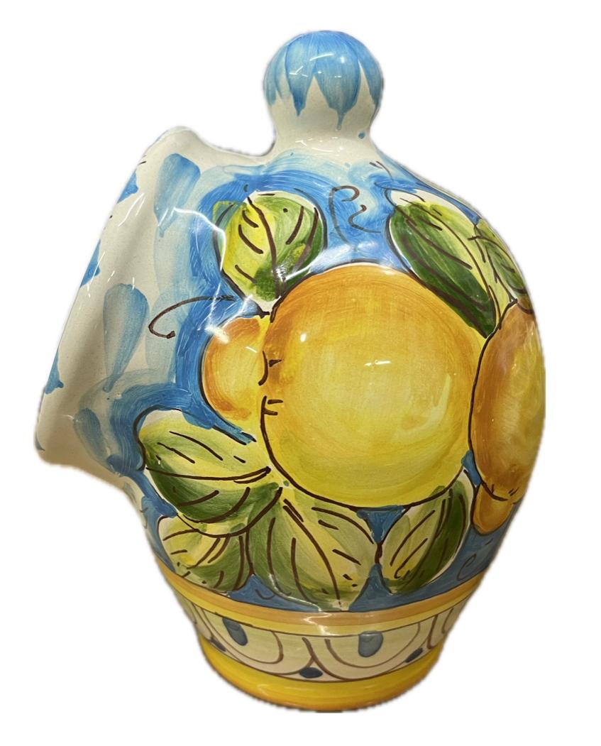 Saliera a salvadanaio in ceramica siciliana con limoni decoro azzurro Produzione artigianale Santo Stefano di Camastra h.20cm