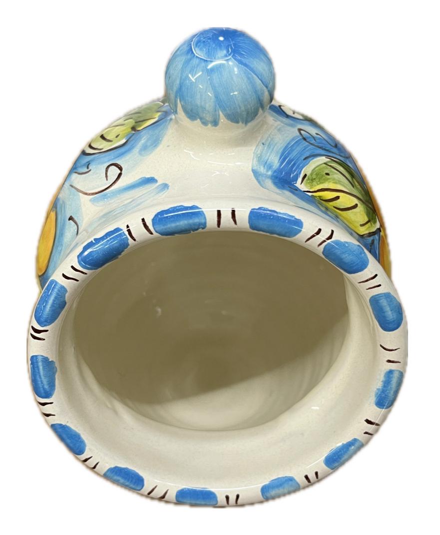 Saliera a salvadanaio in ceramica siciliana con limoni decoro azzurro Produzione artigianale Santo Stefano di Camastra h.20cm