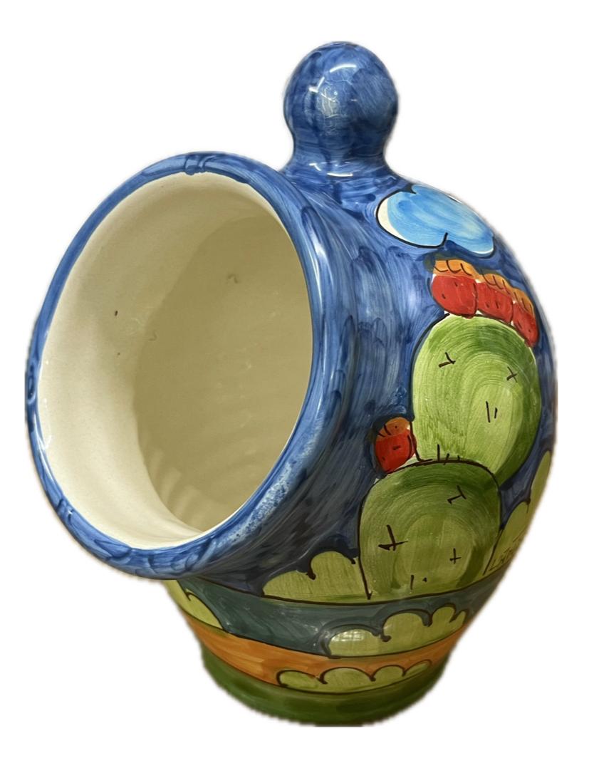 Saliera a salvadanaio in ceramica siciliana con fichi d'india decoro naif Produzione artigianale Santo Stefano di Camastra H 20cm