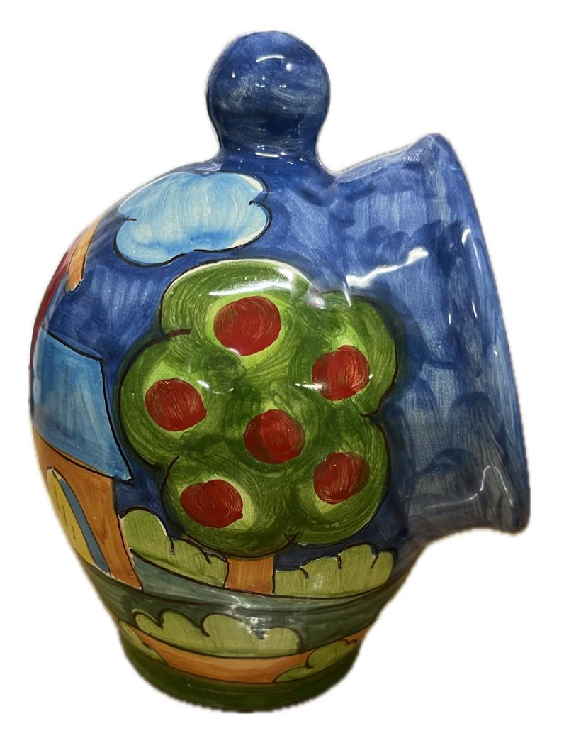 Saliera a salvadanaio in ceramica siciliana decoro naif con case Produzione artigianale Santo Stefano di Camastra h.20cm