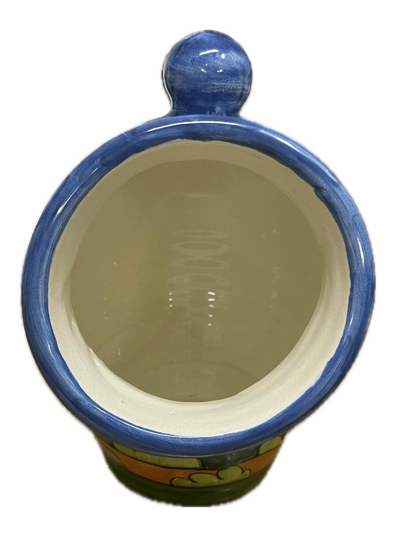 Saliera a salvadanaio in ceramica siciliana decoro naif con case Produzione artigianale Santo Stefano di Camastra h.20cm