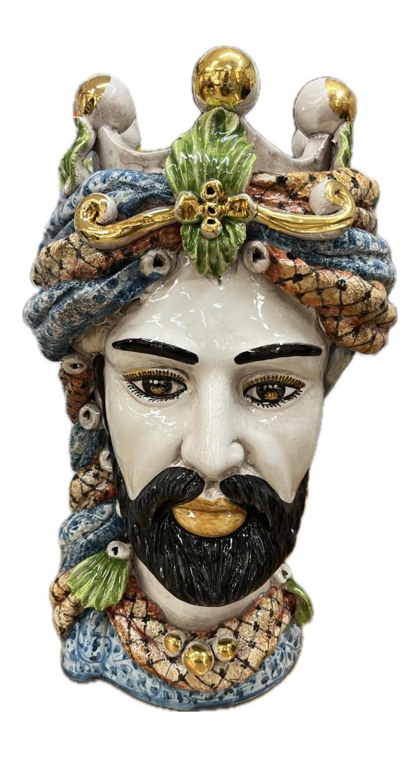 Testa di moro uomo in ceramica siciliana con corona e dettagli in oro Produzione artigianale di Caltagirone h.40cm