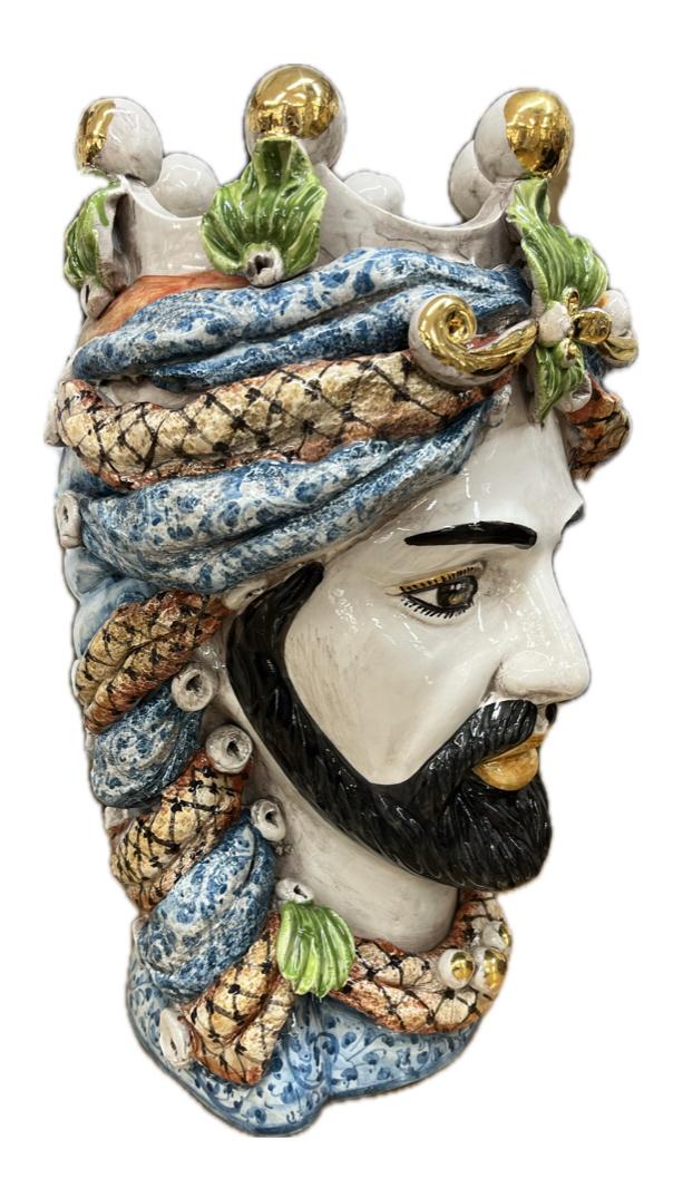 Testa di moro uomo in ceramica siciliana con corona e dettagli in oro Produzione artigianale di Caltagirone h.40cm