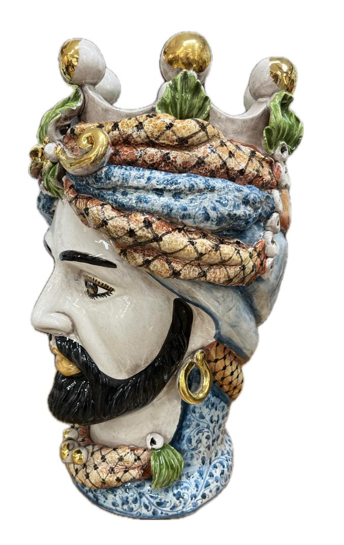 Testa di moro uomo in ceramica siciliana con corona e dettagli in oro Produzione artigianale di Caltagirone h.40cm