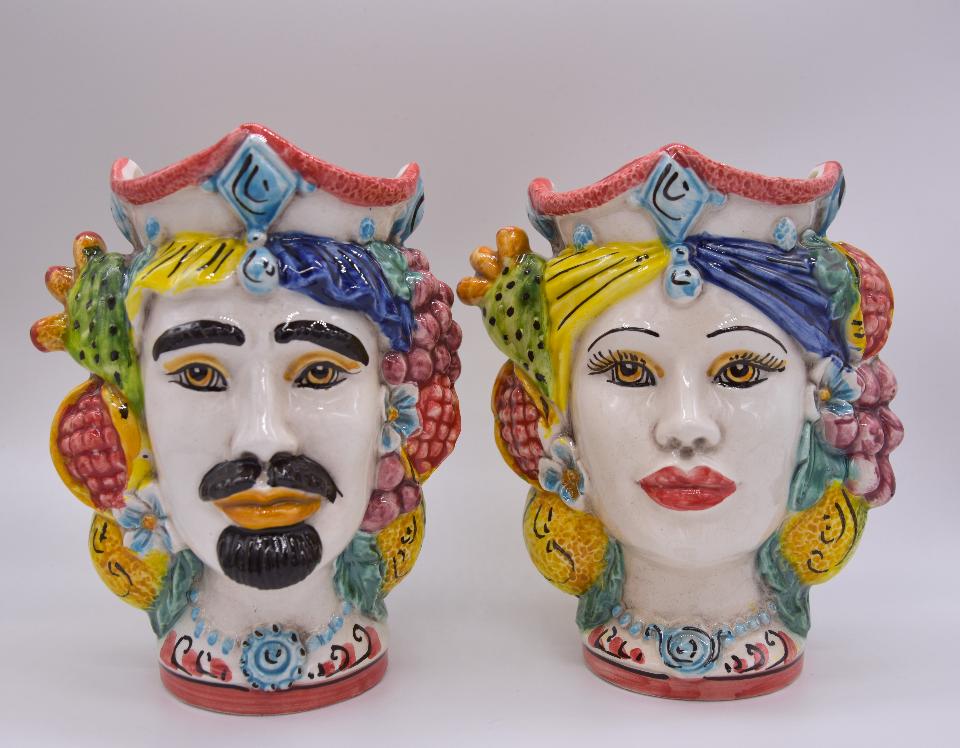 New Teste di moro con frutta e fichi d'india moderne Produzione artigianale di Caltagirone h.15cm