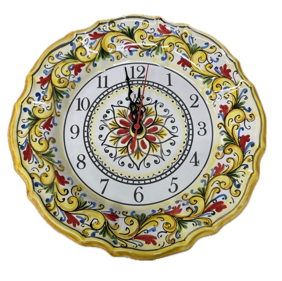 Orologio da parete in ceramica smerlato decoro siciliano Produzione artigianale di Santo Stefano di Camastra Diametro 30cm