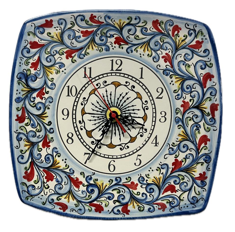 Orologio da parete in ceramica quadrato decoro siciliano Produzione artigianale di Santo Stefano di Camastra lunghezza 25cm