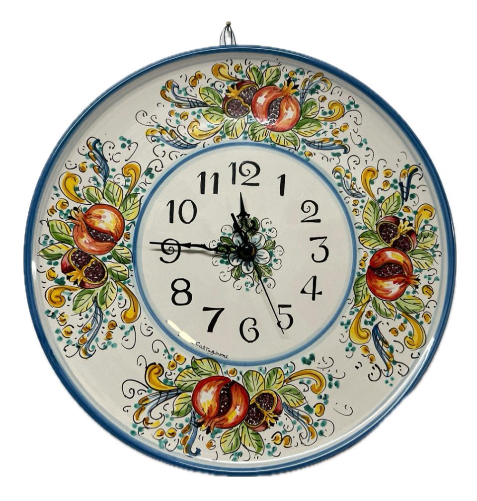 Orologio da parete in ceramica rotondo con melograni dipinto a mano Produzione artigianale di Caltagirone diametro 45cm