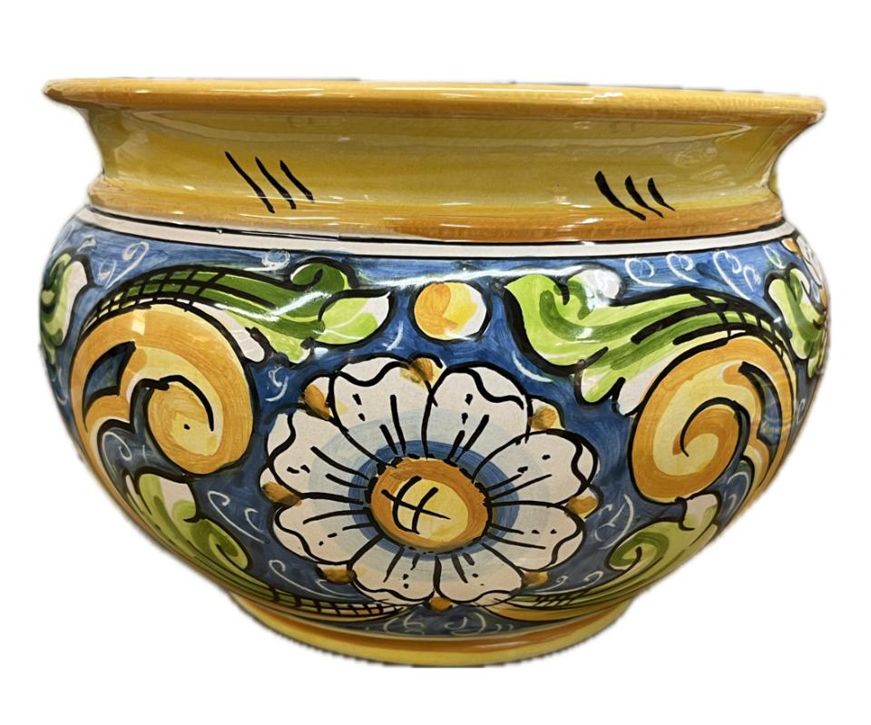Portavaso cachepot decoro con margherite fondo verde in ceramica siciliana Produzione artigianale di Caltagirone Diametro 20cm