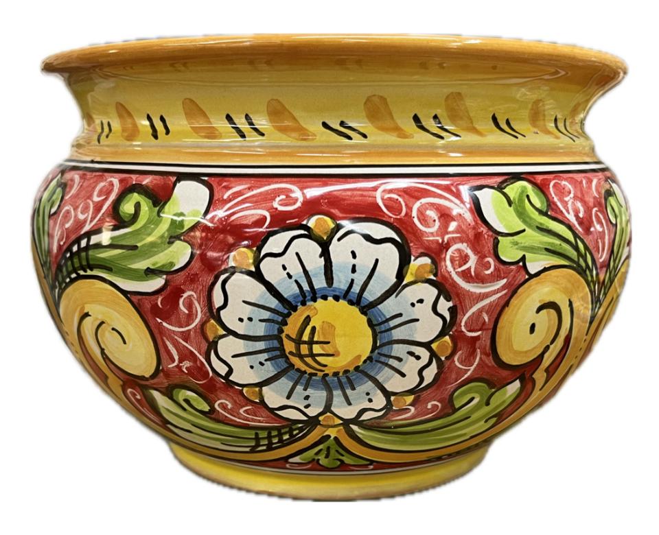 Portavaso cachepot decoro margherite fondo rosso in ceramica Produzione artigianale di Caltagirone diametro 20cm