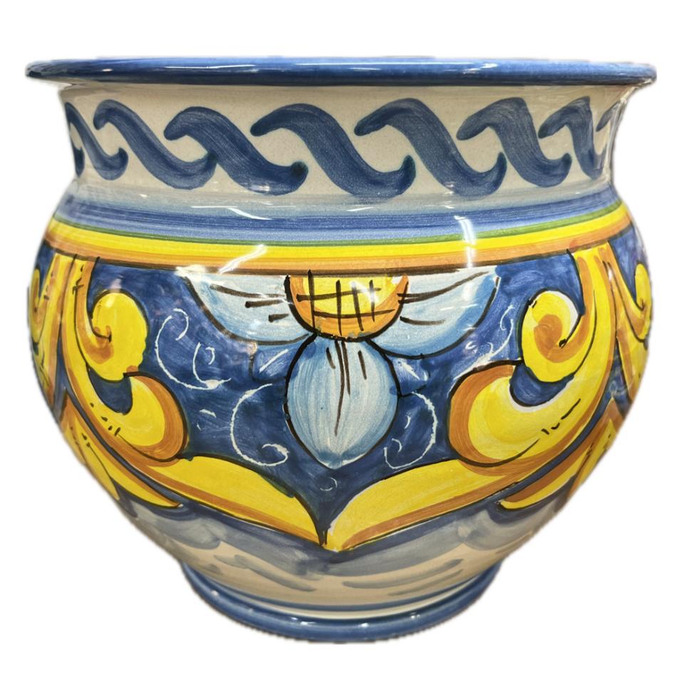 Portavaso cachepot decoro ornato con margherite fondo blu in ceramica siciliana Produzione artigianale Santo Stefano di Camastra Diametro 20cm