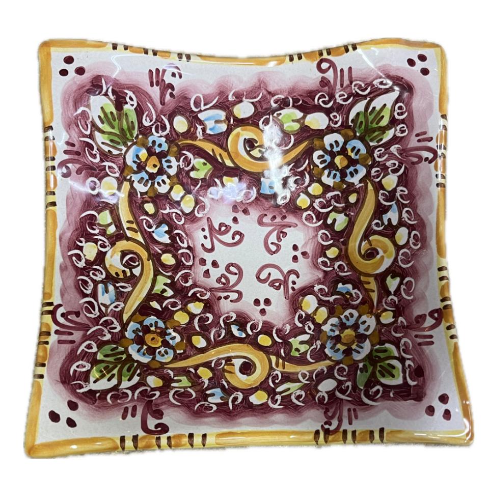 Svuota tasche/Porta caramelle decoro floreale bordeaux Produzione artigianale di Caltagirone 21 x 21