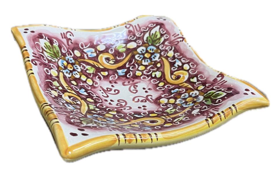 Svuota tasche/Porta caramelle decoro floreale bordeaux Produzione artigianale di Caltagirone 21 x 21