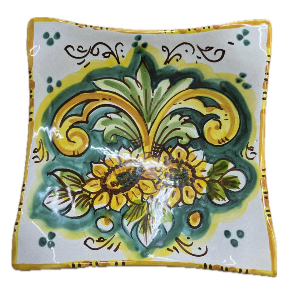 Svuota tasche/Porta caramelle con girasoli in ceramica siciliana fondo verde Produzione artigianale di Caltagirone 21 x 21