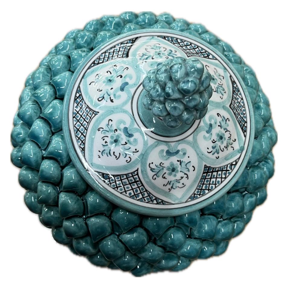 Biscottiera pigna decorata verde tiffany Produzione artigianale di Caltagirone H 20cm