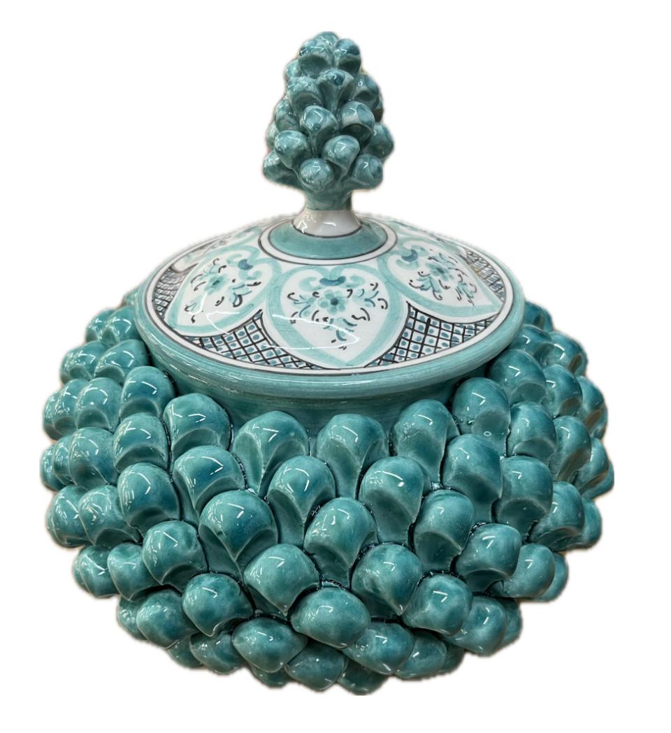 Biscottiera pigna decorata verde tiffany Produzione artigianale di Caltagirone H 20cm