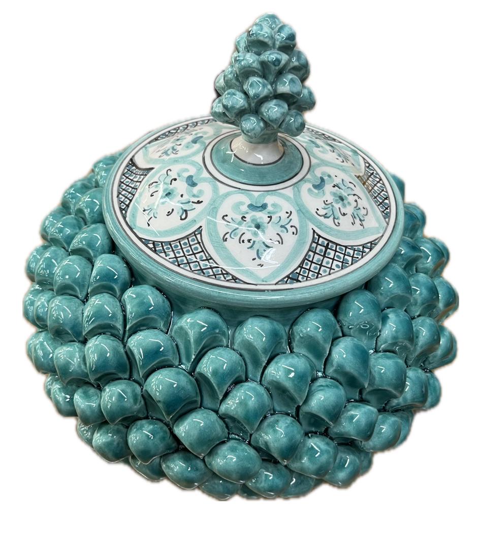 Biscottiera pigna decorata verde tiffany Produzione artigianale di Caltagirone H 20cm