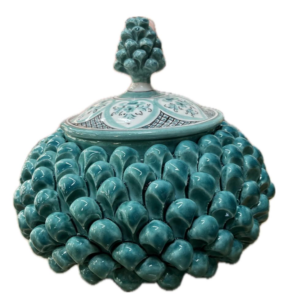 Biscottiera pigna decorata verde tiffany Produzione artigianale di Caltagirone H 20cm