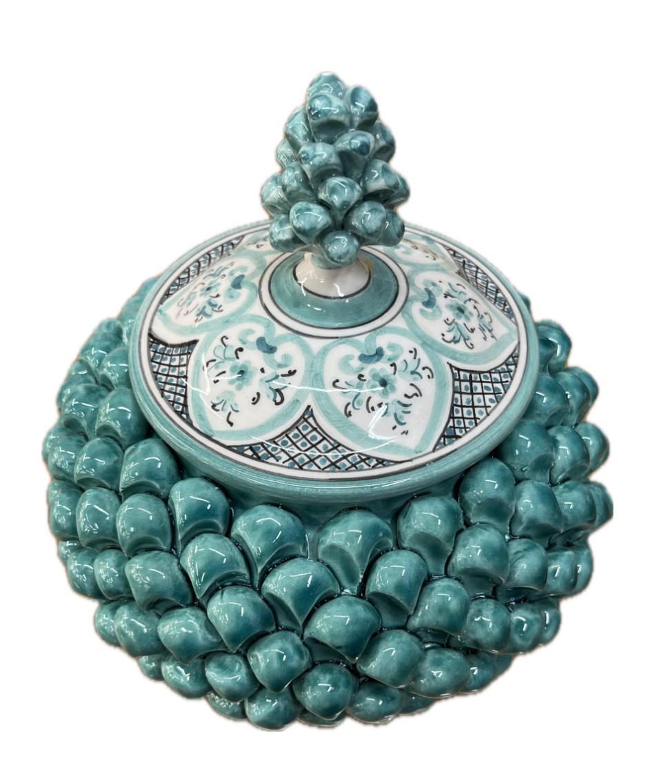 Biscottiera pigna decorata verde tiffany Produzione artigianale di Caltagirone H 20cm