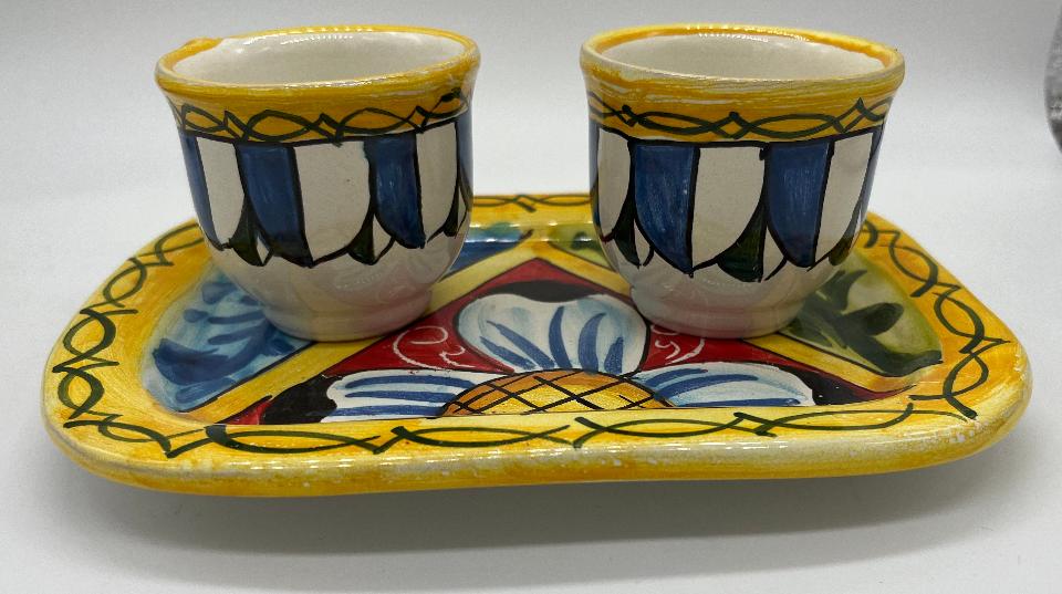 Tet a Tet servizio da caffè, due tazzine e vassoio in ceramica Produzione artigianale Santo Stefano di Camastra Larghezza 19cm