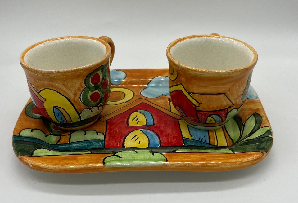 Tet a Tet servizio da caffè, due tazzine e vassoio in ceramica Produzione artigianale Santo Stefano di Camastra Lunghezza 19cm