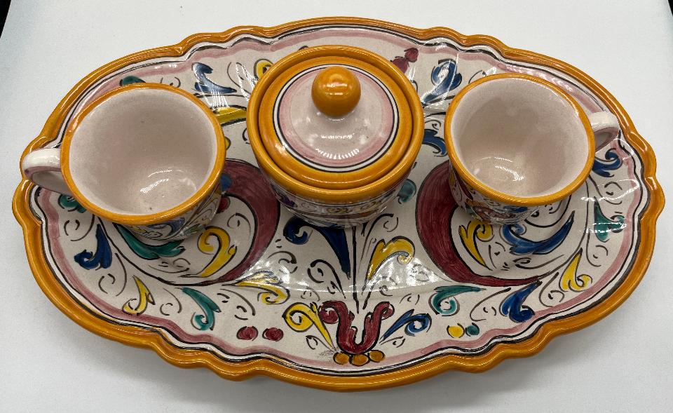 Tet a Tet servizio da caffè, due tazzine, zuccheriera e vassoio in ceramica Produzione artigianale di Caltagirone Lunghezza 30cm