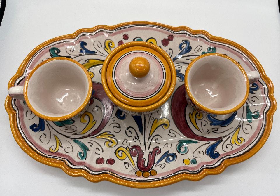 Tet a Tet servizio da caffè, due tazzine, zuccheriera e vassoio in ceramica Produzione artigianale di Caltagirone Lunghezza 30cm