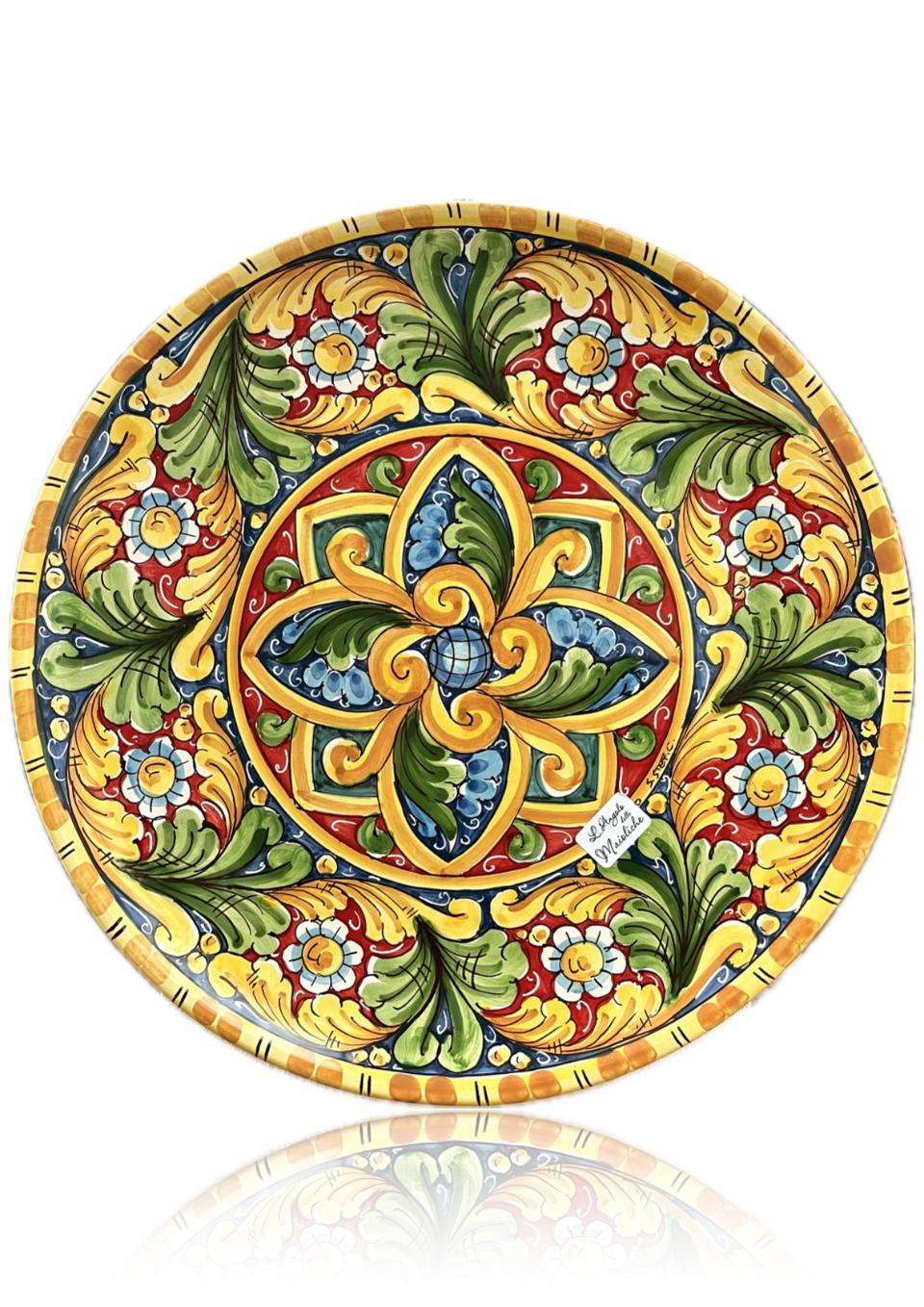 Piatto ornamentale barocco in ceramica siciliana da parete Produzione artigianale Santo Stefano di Camastra diametro 37cm