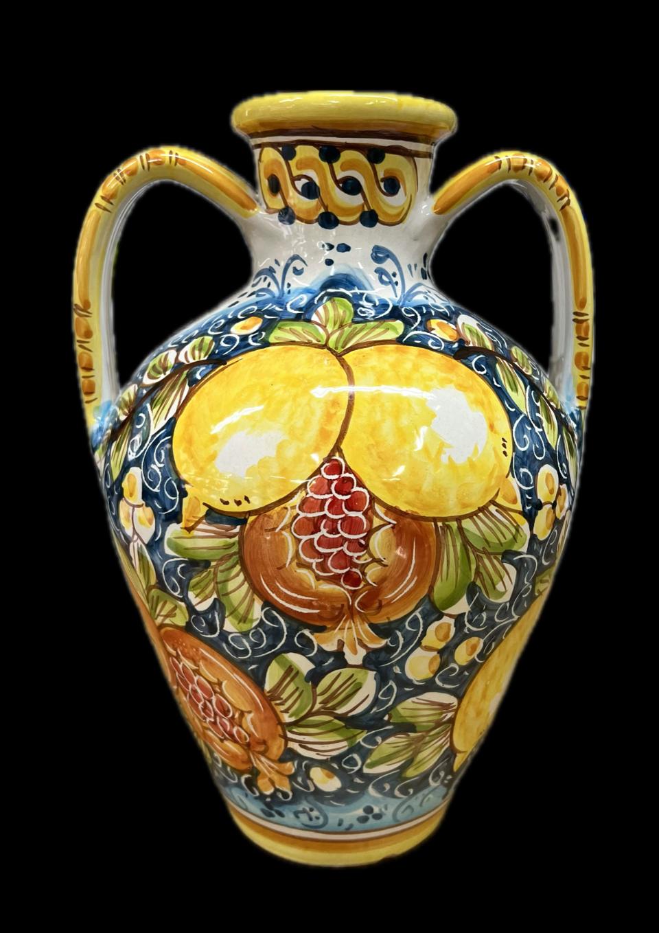 Anfora siciliana Quartara con manici con melograni e limoni Produzione artigianale di Caltagirone h.30cm