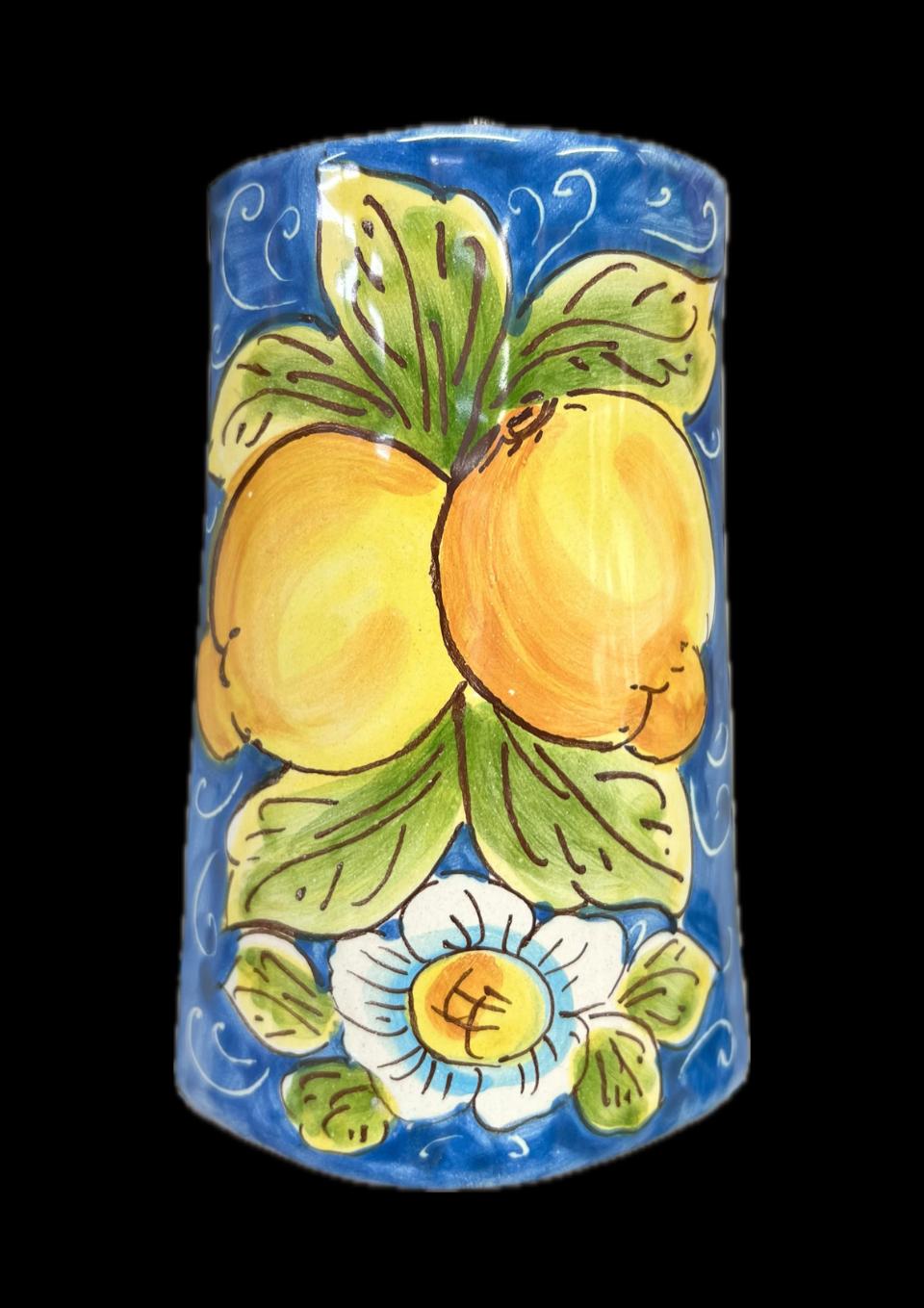 Tegola da parete in ceramica con limoni e margherite decoro blu Produzione artigianale di Santo Stefano di Camastra lunghezza 15cm