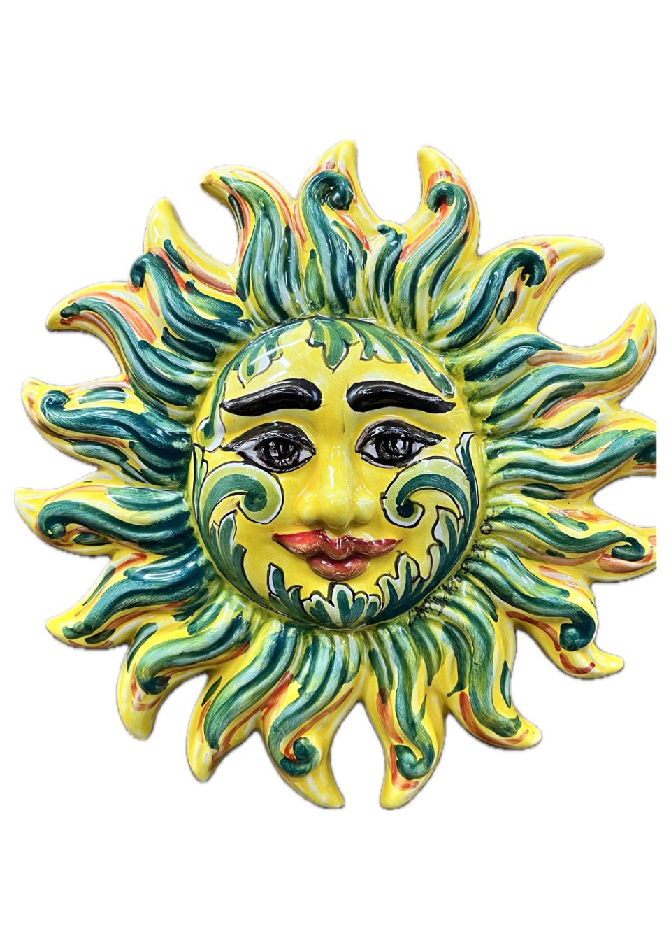 Sole da parete in ceramica decoro giallo e verde Produzione artigianale di Santo Stefano di Camastra lunghezza 30cm