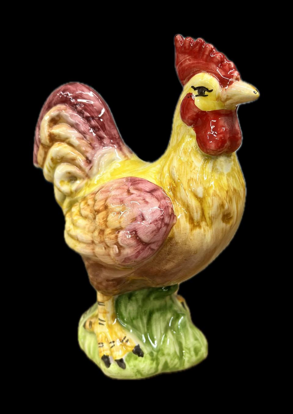 Gallo in ceramica siciliana giallo e bordeaux Produzione artigianale di Caltagirone H 21cm