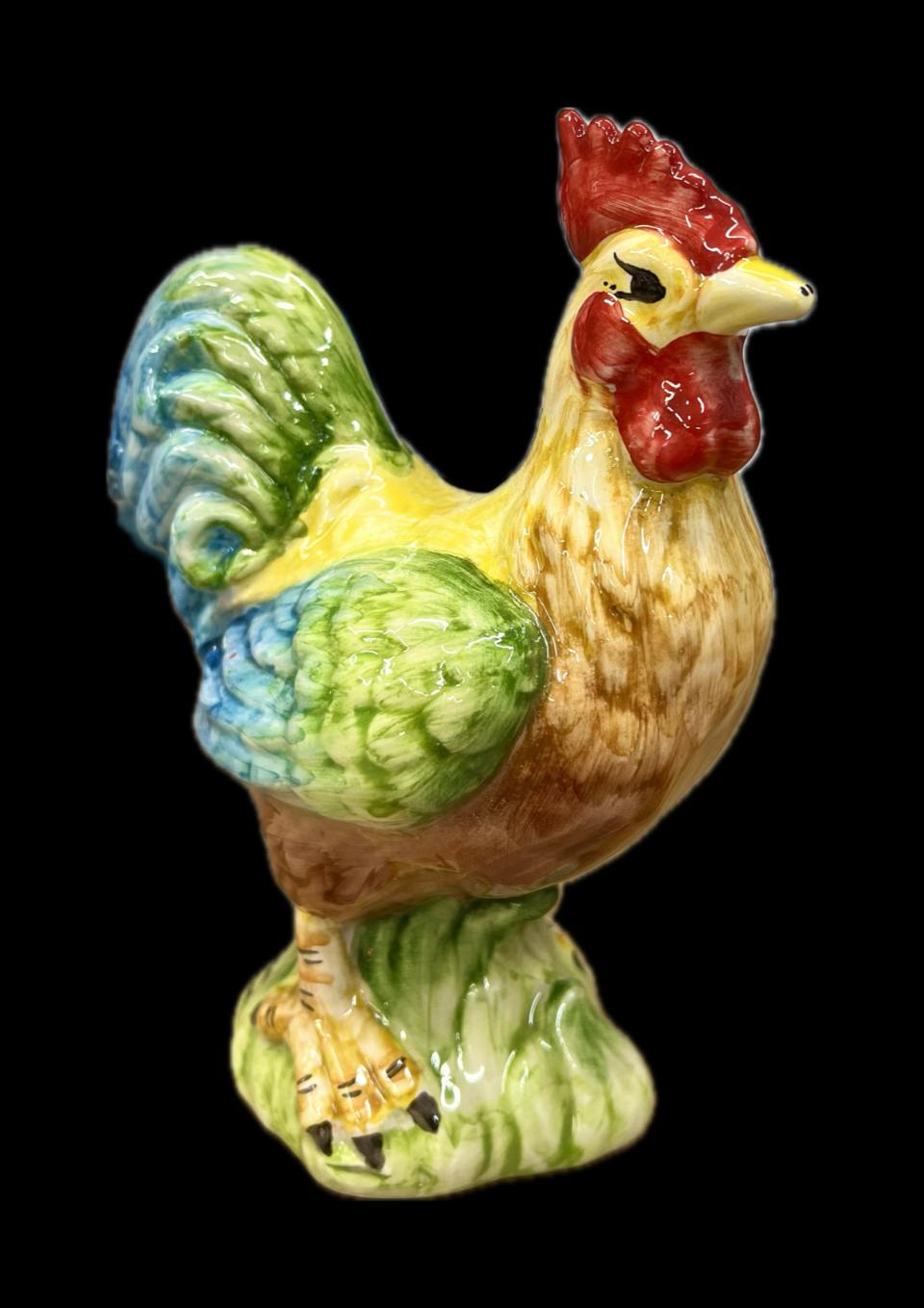 Gallo in ceramica siciliana verde e giallo Produzione artigianale di Caltagirone H 21cm