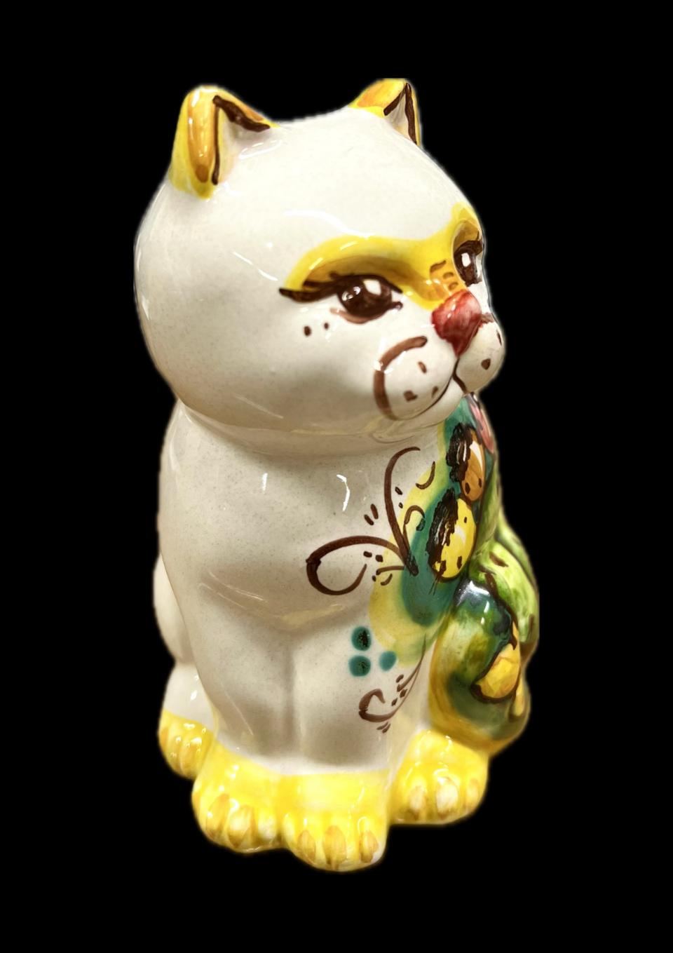 Gatto in ceramica decoro fichi d'india su fondo verde Produzione artigianale di Caltagirone h.13cm