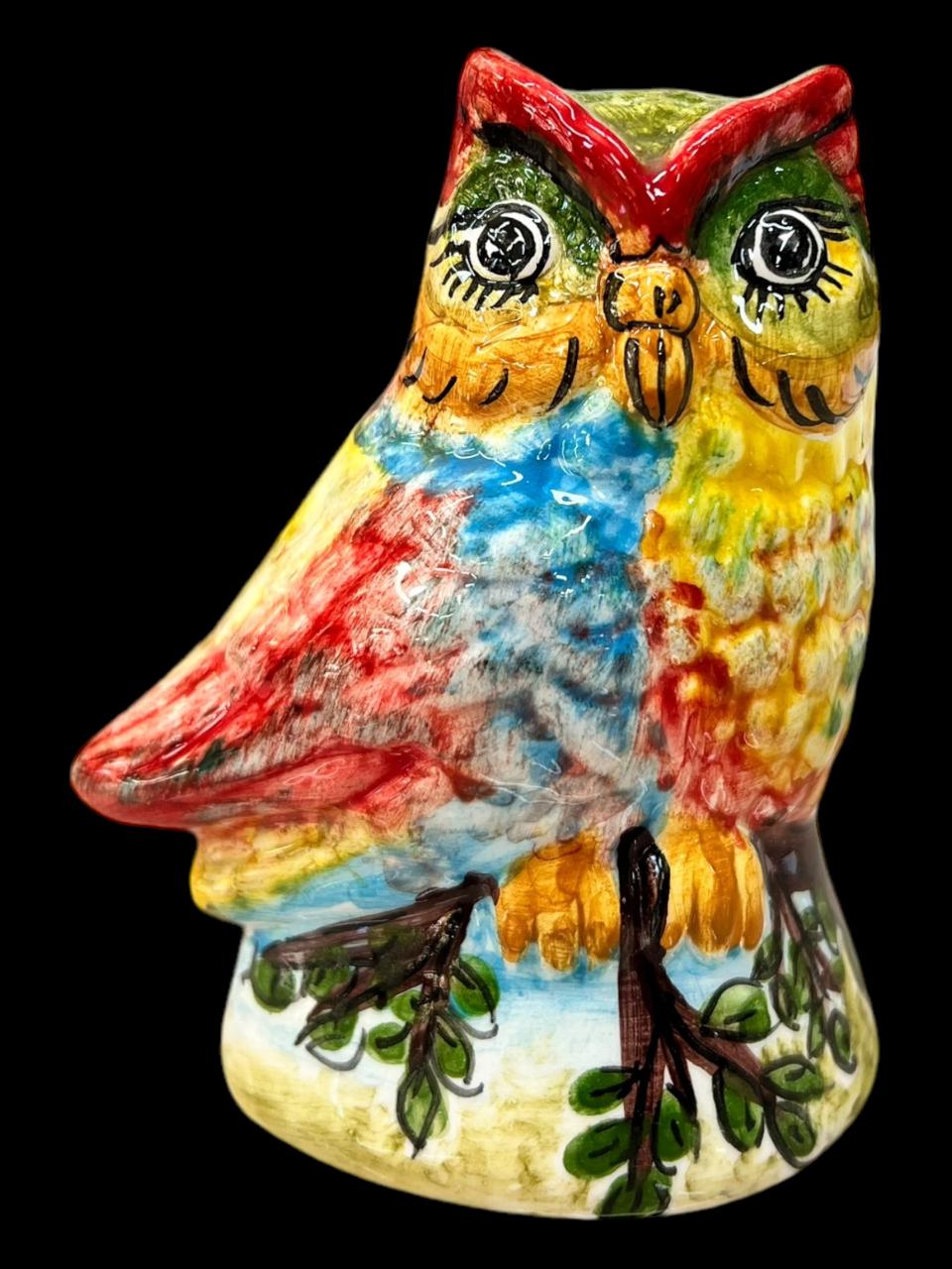 Civetta in ceramica siciliana decorata Produzione artigianale Santo Stefano di Camastra h.15 cm