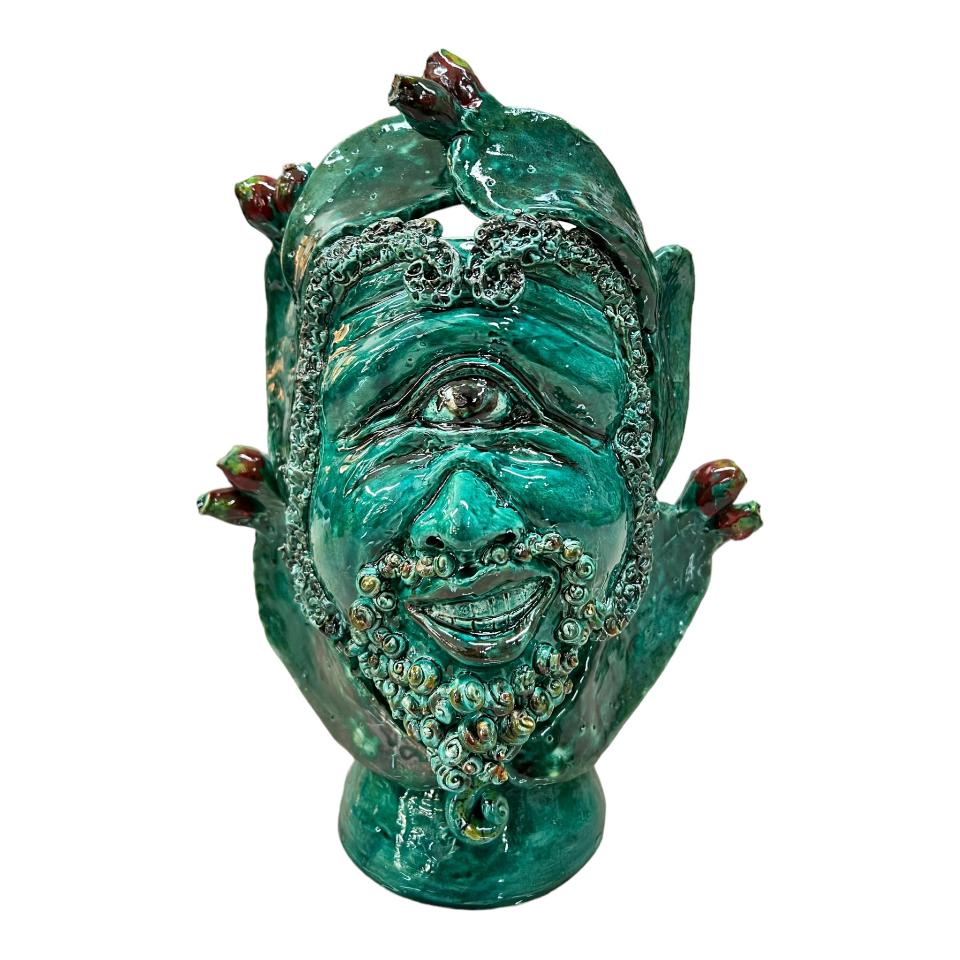 Testa di moro collezione I Miti modello Ciclope Polifemo colore verde ramina con fichi d'india Produzione artigianale di Palermo h.30 cm