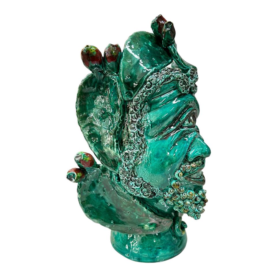Testa di moro collezione I Miti modello Ciclope Polifemo colore verde ramina con fichi d'india Produzione artigianale di Palermo h.30 cm