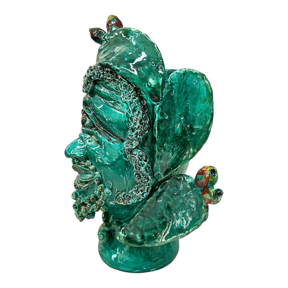 Testa di moro collezione I Miti modello Ciclope Polifemo colore verde ramina con fichi d'india Produzione artigianale di Palermo h.30 cm