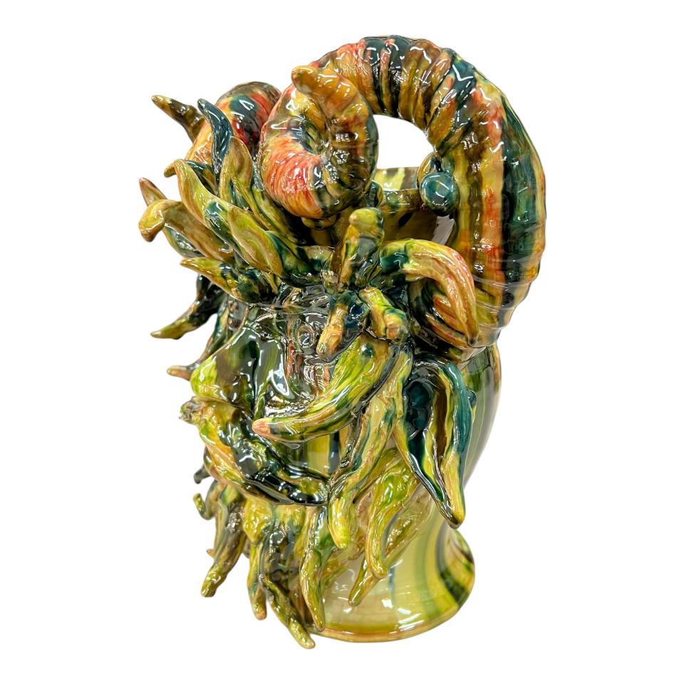 Testa di moro collezione I Miti modello Satiro Filottete colore giallo verde e rosso Produzione artigianale di Santo Stefano di Camastra h.30 cm