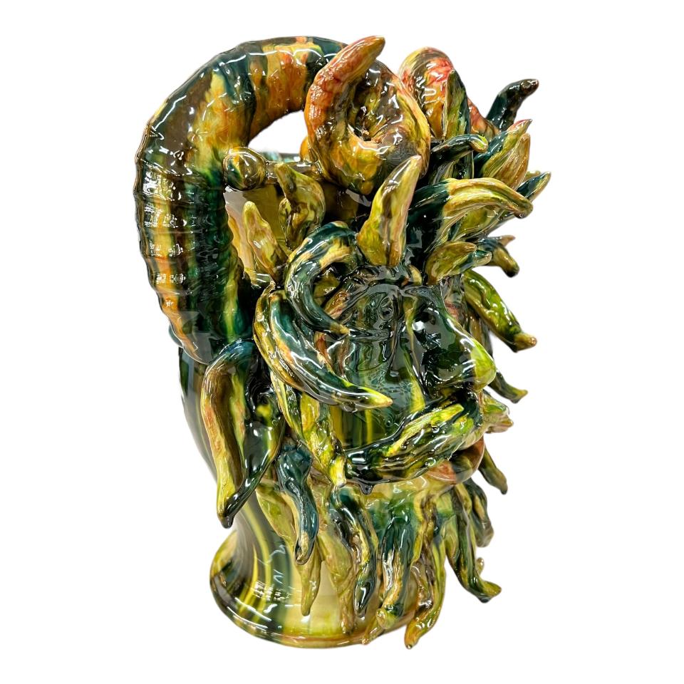 Testa di moro collezione I Miti modello Satiro Filottete colore giallo verde e rosso Produzione artigianale di Santo Stefano di Camastra h.30 cm