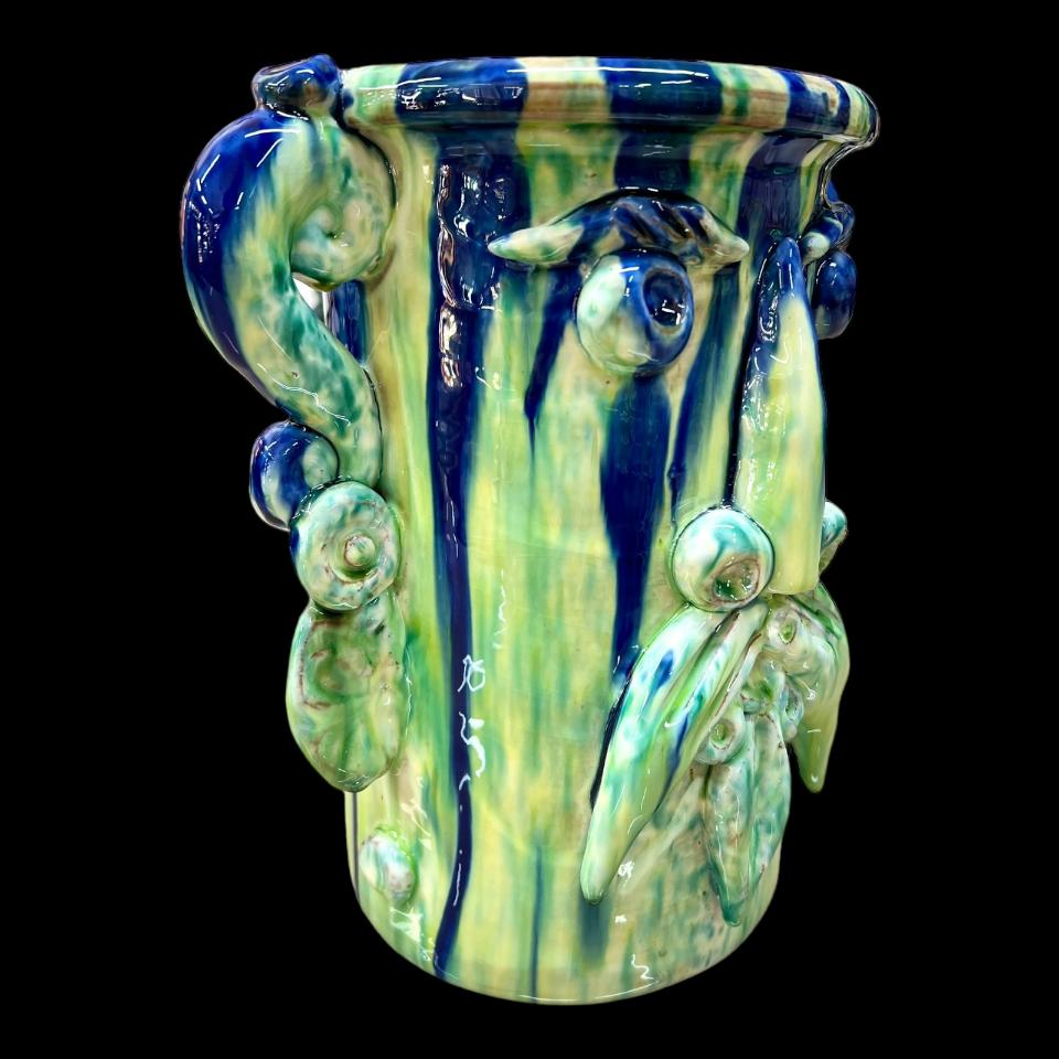 Testa di moro collezione I Miti modello Sicano con applicazioni decoro giallo verde e blu Produzione artigianale di Santo Stefano di Camastra h.30cm