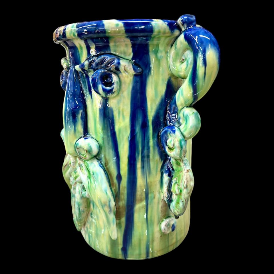 Testa di moro collezione I Miti modello Sicano con applicazioni decoro giallo verde e blu Produzione artigianale di Santo Stefano di Camastra h.30cm